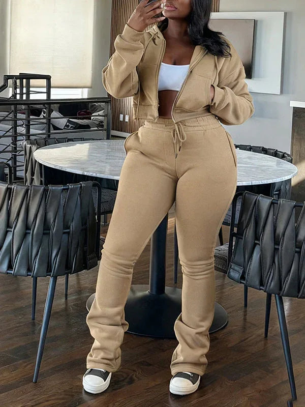 Women's Solid Zip-Front Hoodie & Straight-Leg Pants Set