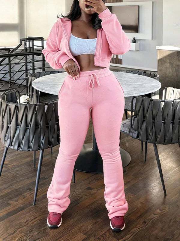 Women's Solid Zip-Front Hoodie & Straight-Leg Pants Set