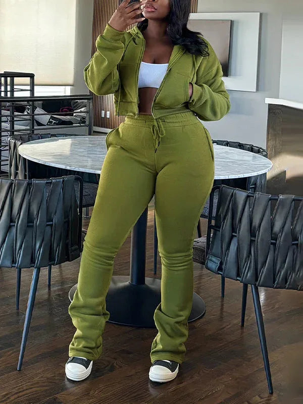 Women's Solid Zip-Front Hoodie & Straight-Leg Pants Set