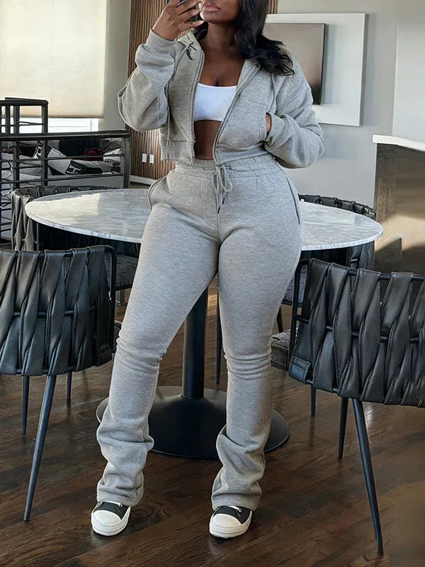 Women's Solid Zip-Front Hoodie & Straight-Leg Pants Set