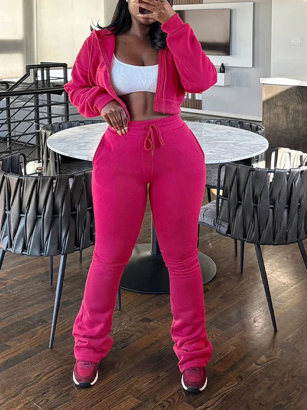 Women's Solid Zip-Front Hoodie & Straight-Leg Pants Set