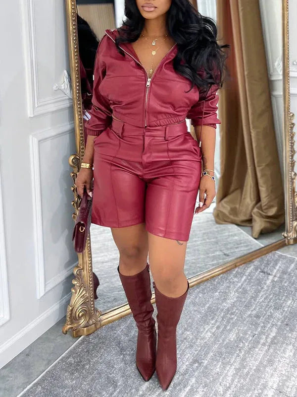 Women's Faux-Leather Zip Hoodie & High-Waist Shorts Set