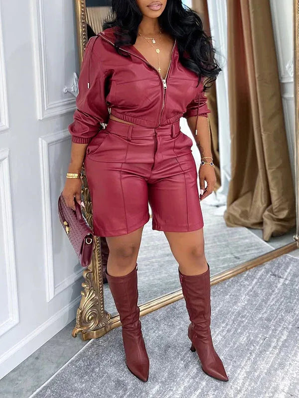 Women's Faux-Leather Zip Hoodie & High-Waist Shorts Set