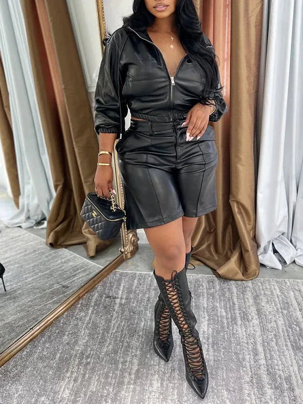 Women's Faux-Leather Zip Hoodie & High-Waist Shorts Set