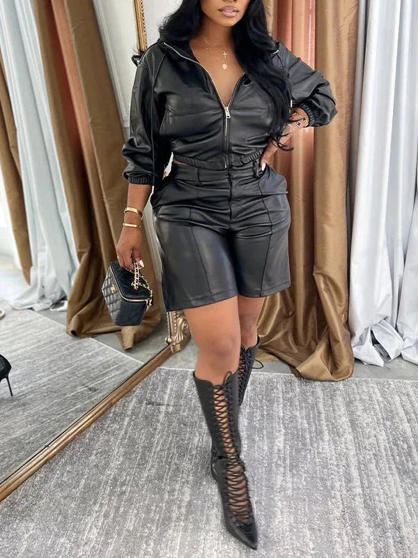 Women's Faux-Leather Zip Hoodie & High-Waist Shorts Set