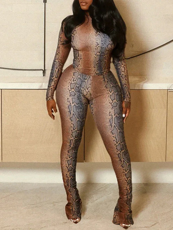 Women's Snake-Print Crop Top & High-Waist Wide-Leg Pants Set