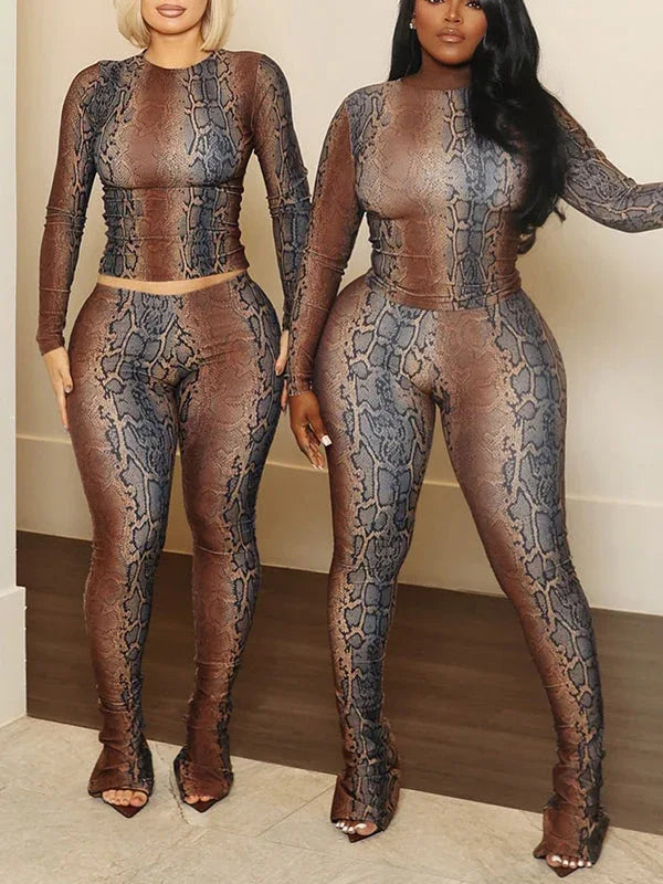 Women's Snake-Print Crop Top & High-Waist Wide-Leg Pants Set