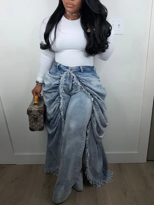 Women's Ruched Draped Slim-Fit Stretch Denim Jeans