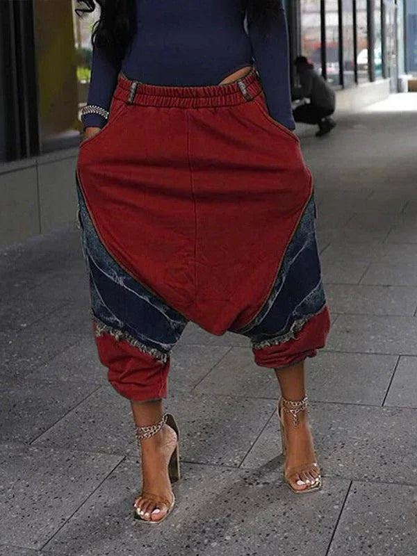 Women's Denim Patchwork Loose Harem Drop-Crotch Pants