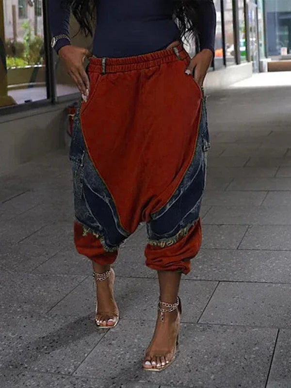 Women's Denim Patchwork Loose Harem Drop-Crotch Pants