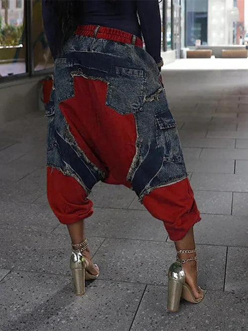 Women's Denim Patchwork Loose Harem Drop-Crotch Pants