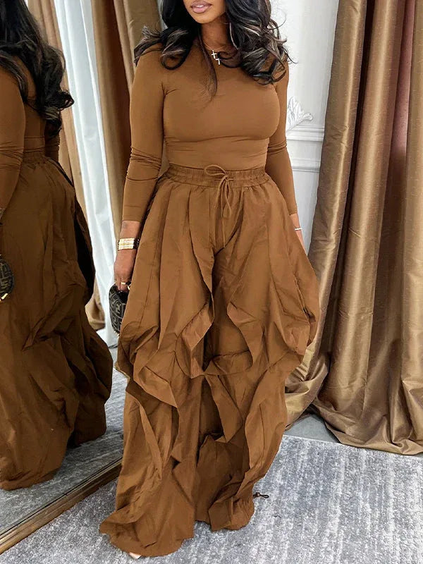 Women's Solid Crew-Neck Long Sleeve Top & Frilled Wide-Leg Pants 2-Piece Set