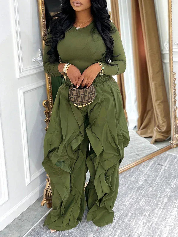 Women's Solid Crew-Neck Long Sleeve Top & Frilled Wide-Leg Pants 2-Piece Set