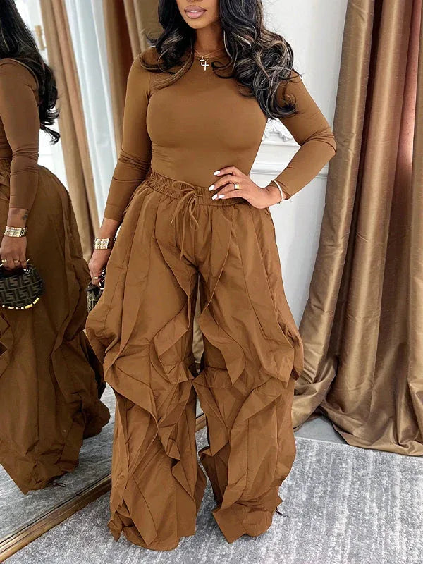 Women's Solid Crew-Neck Long Sleeve Top & Frilled Wide-Leg Pants 2-Piece Set