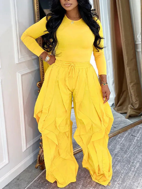 Women's Solid Crew-Neck Long Sleeve Top & Frilled Wide-Leg Pants 2-Piece Set