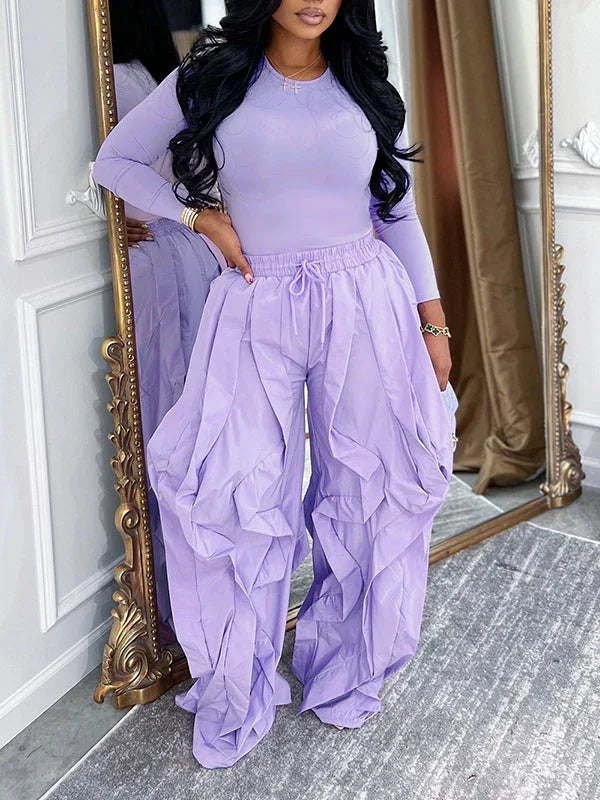 Women's Solid Crew-Neck Long Sleeve Top & Frilled Wide-Leg Pants 2-Piece Set