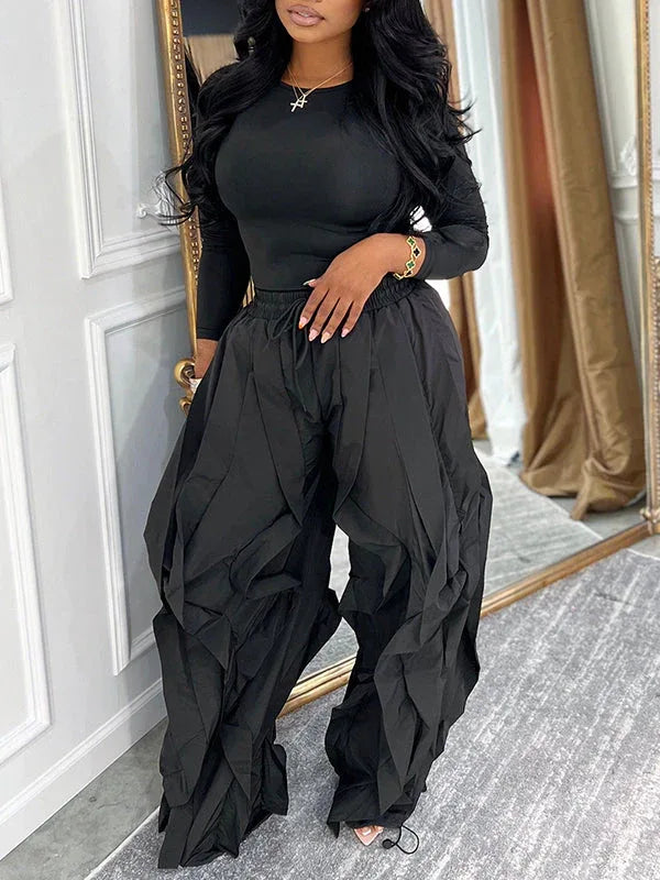 Women's Solid Crew-Neck Long Sleeve Top & Frilled Wide-Leg Pants 2-Piece Set