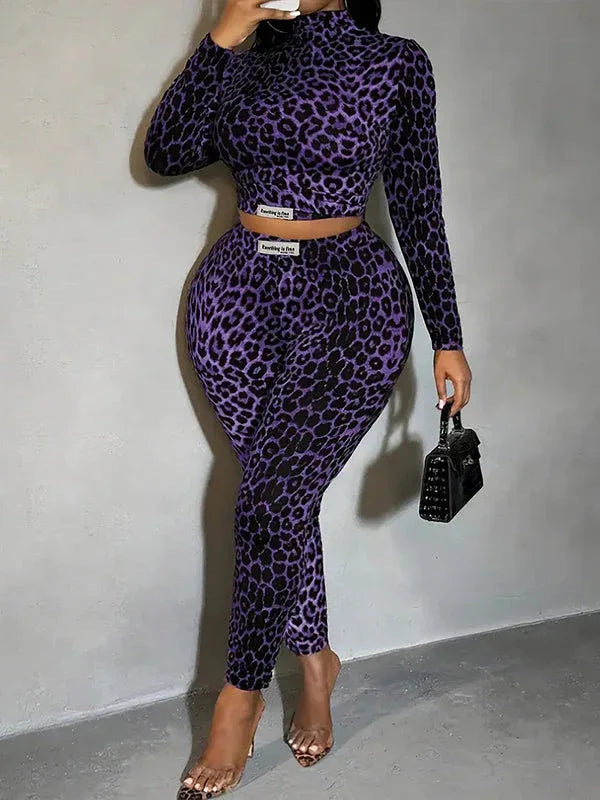 Women's Leopard Print Crop Top & High-Waist Pants Set