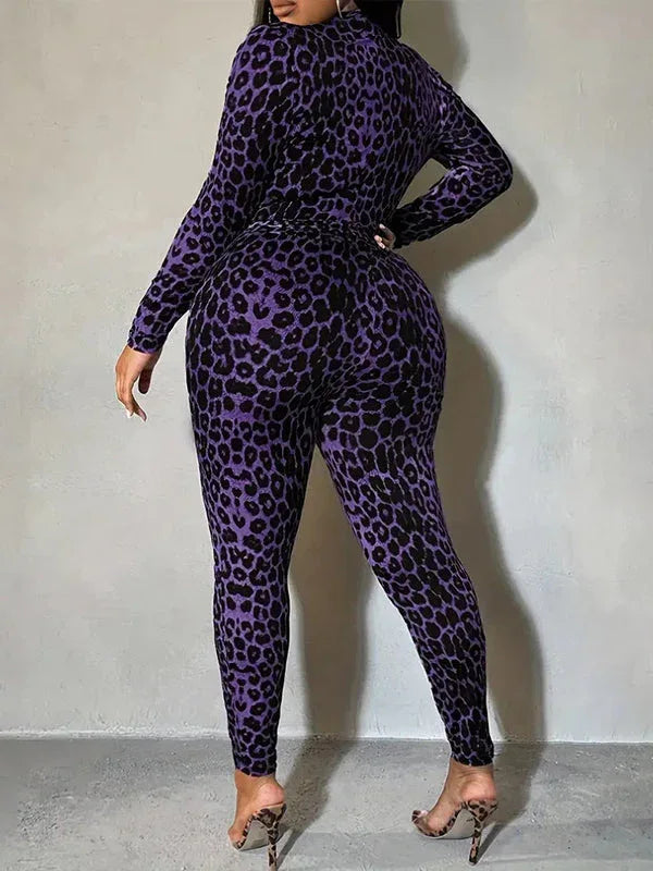 Women's Leopard Print Crop Top & High-Waist Pants Set