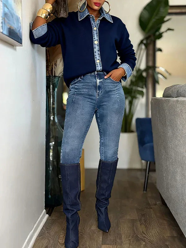 Women's Denim Patchwork Open-Front Knit Cardigan