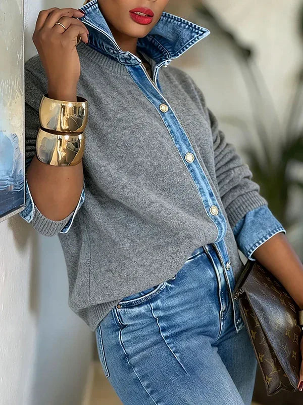 Women's Denim Patchwork Open-Front Knit Cardigan
