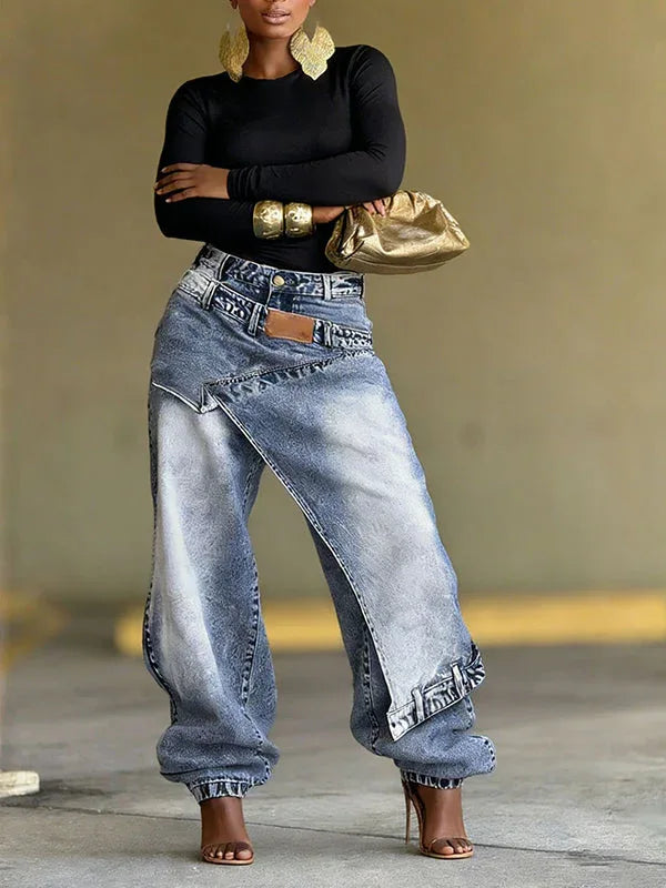 Women's Asymmetric Overlap High-Waist Straight-Leg Jeans