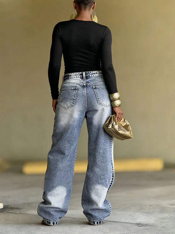 Women's Asymmetric Overlap High-Waist Straight-Leg Jeans