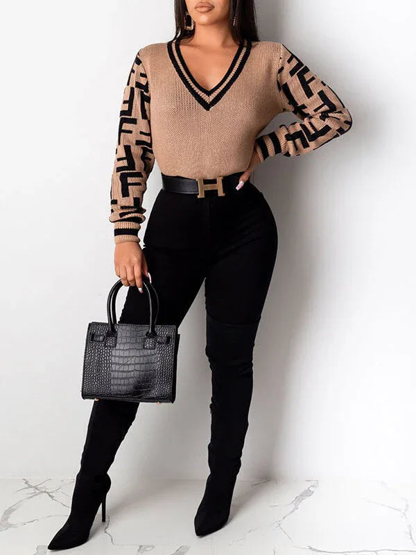 Women's Two-Tone Colorblock V-Neck Knit Pullover Sweater