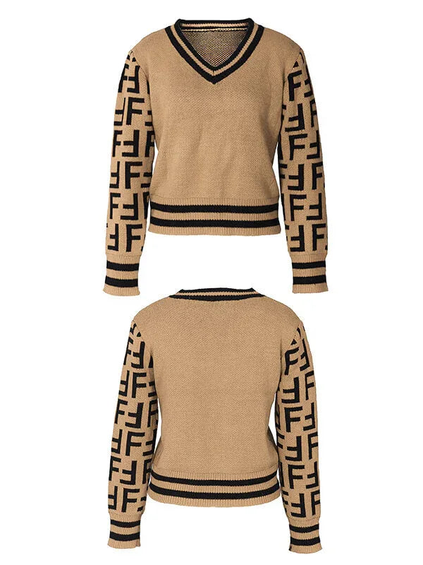 Women's Two-Tone Colorblock V-Neck Knit Pullover Sweater