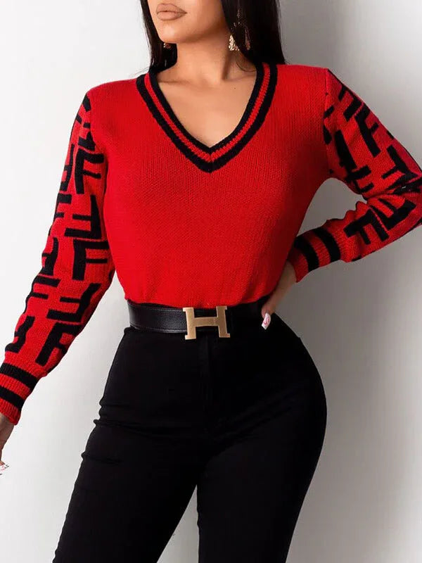 Women's Two-Tone Colorblock V-Neck Knit Pullover Sweater