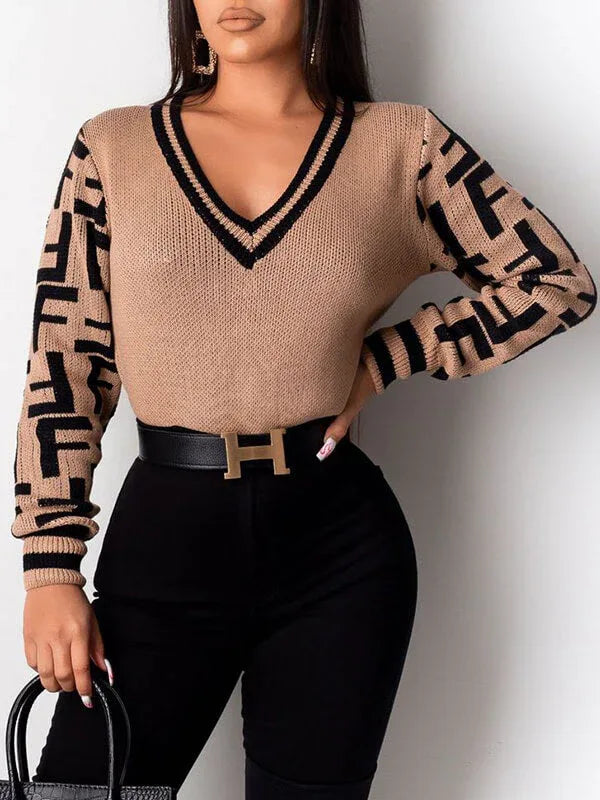 Women's Two-Tone Colorblock V-Neck Knit Pullover Sweater