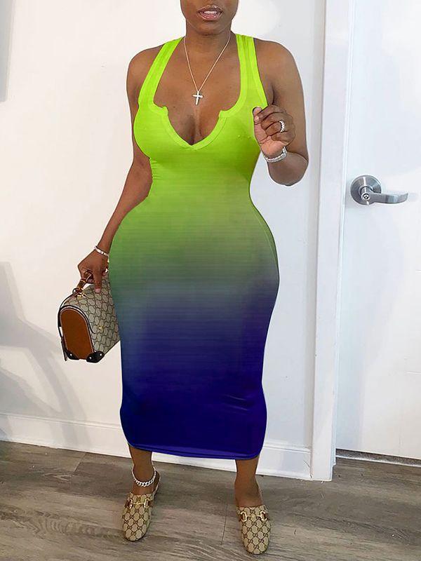 Women's V-Neck Gradient Ombre Dress