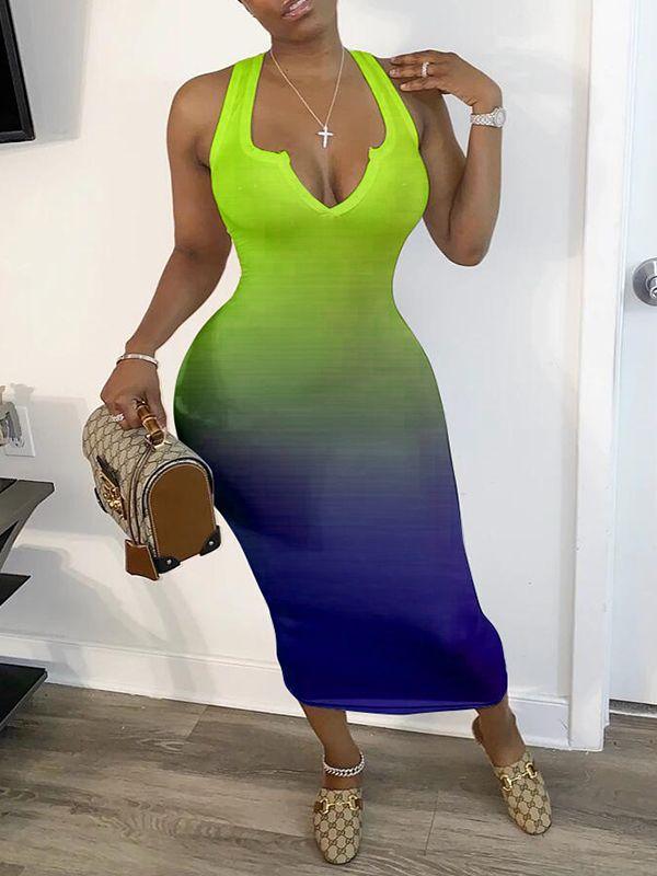 Women's V-Neck Gradient Ombre Dress