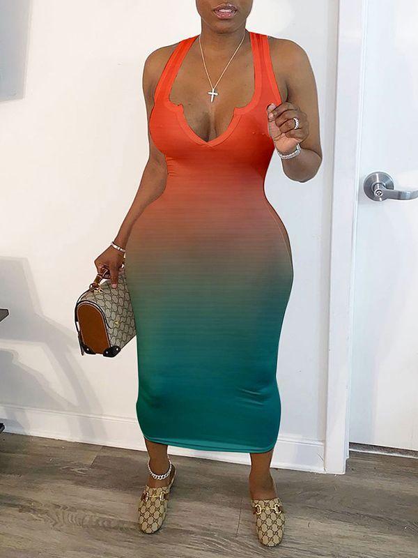 Women's V-Neck Gradient Ombre Dress