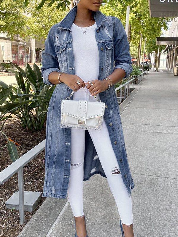 Women's Distressed Washed Button-Down Denim Jean Jacket