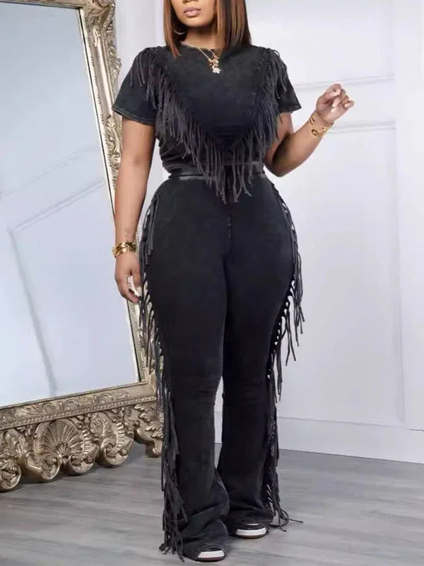 Women's Boho Fringe Patchwork Crop Top & Wide-Leg Pants Set