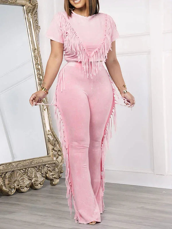 Women's Boho Fringe Patchwork Crop Top & Wide-Leg Pants Set