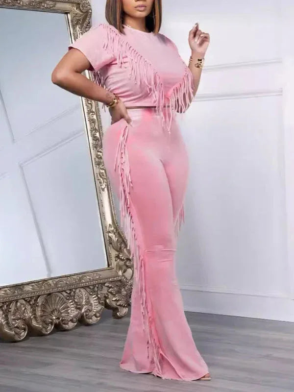 Women's Boho Fringe Patchwork Crop Top & Wide-Leg Pants Set