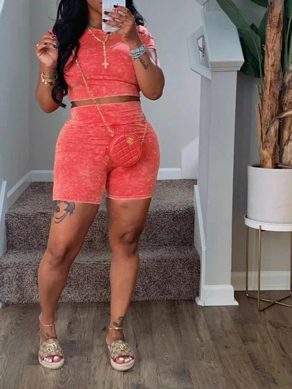 Women's Printed Casual Tee & High-Waist Biker Shorts Set