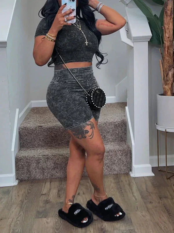 Women's Printed Casual Tee & High-Waist Biker Shorts Set