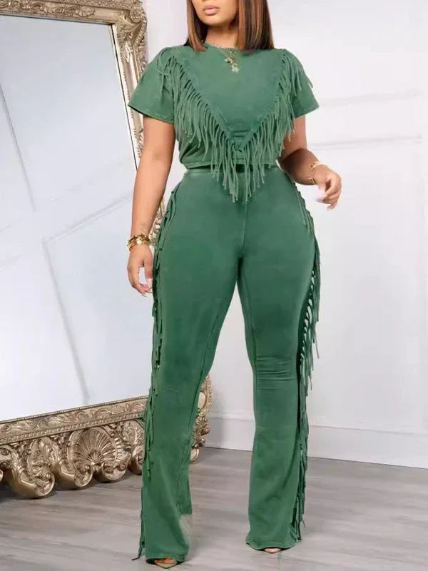 Women's Boho Fringe Patchwork Crop Top & Wide-Leg Pants Set