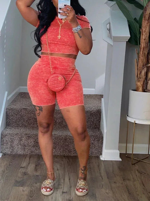 Women's Printed Casual Tee & High-Waist Biker Shorts Set