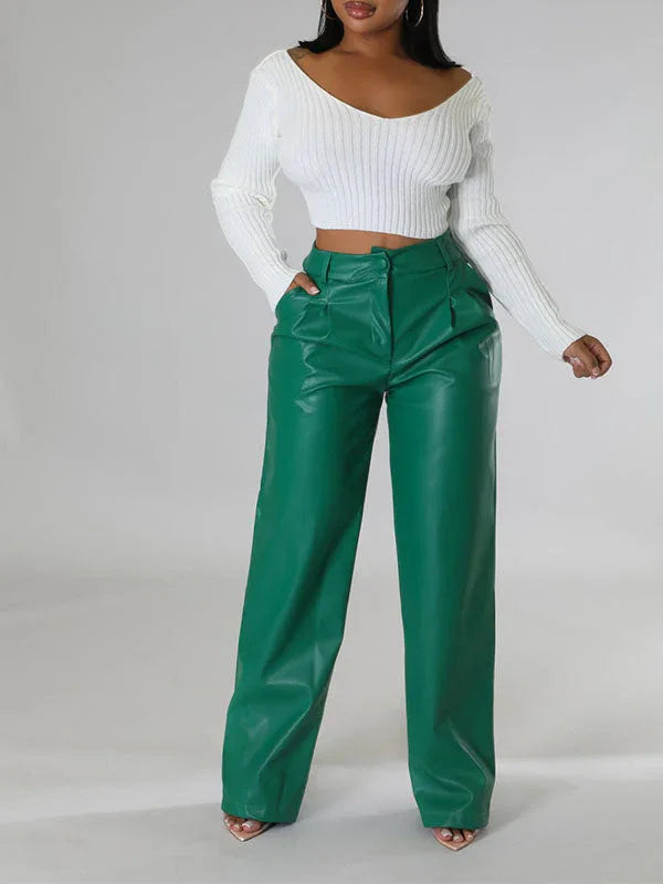 Women's Wide-Leg Faux-Leather High-Waist Trousers