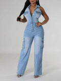 Women's Halter Neck Button-Front Denim Wide-Leg Jumpsuit
