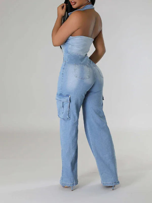 Women's Halter Neck Button-Front Denim Wide-Leg Jumpsuit