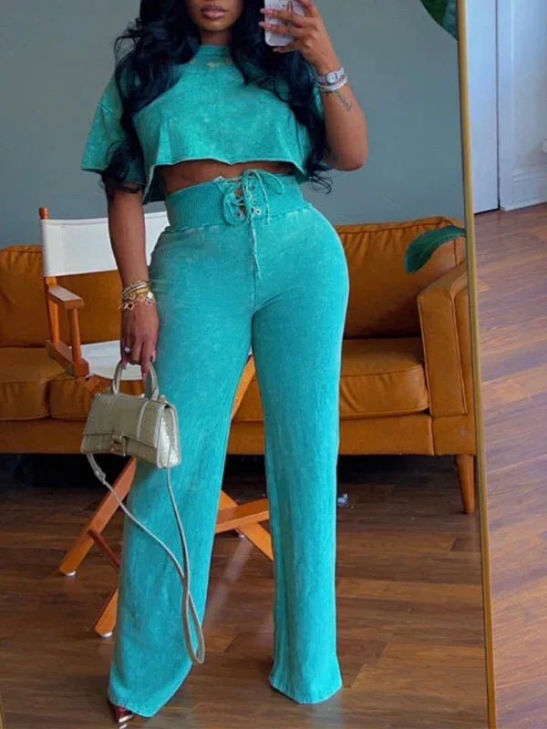 Women's Printed Sleeveless Crop Top & Lace-Up Wide-Leg Pants Set