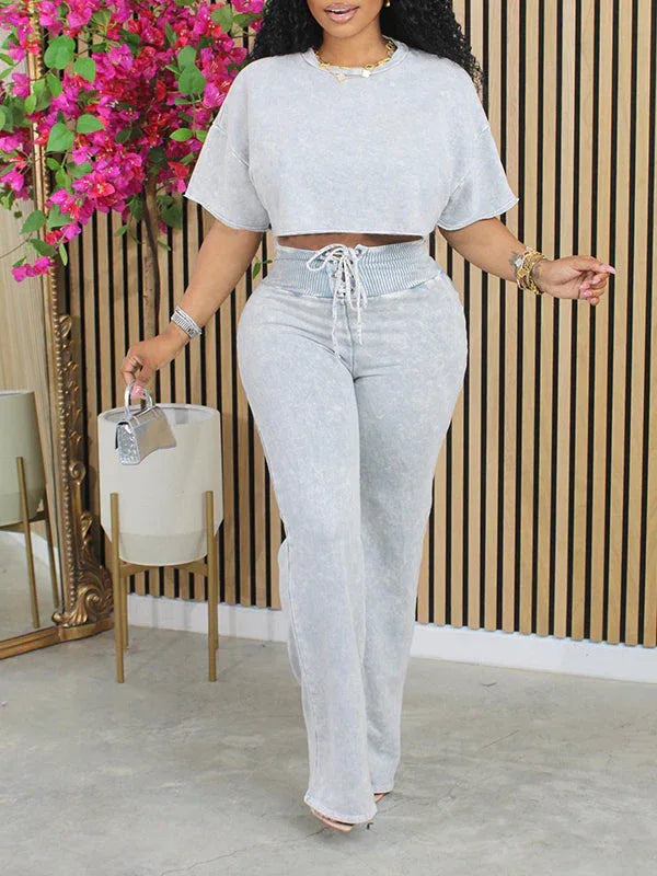 Women's Printed Sleeveless Crop Top & Lace-Up Wide-Leg Pants Set