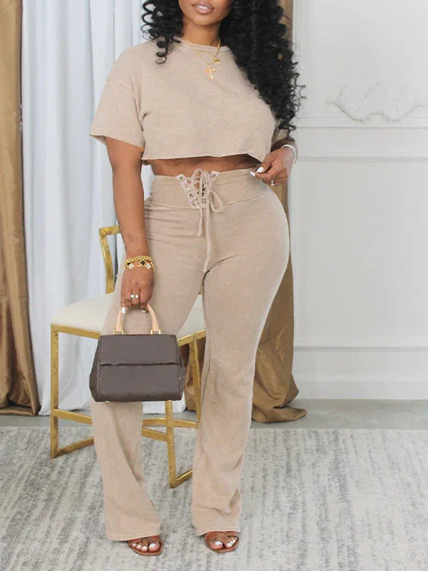 Women's Printed Sleeveless Crop Top & Lace-Up Wide-Leg Pants Set
