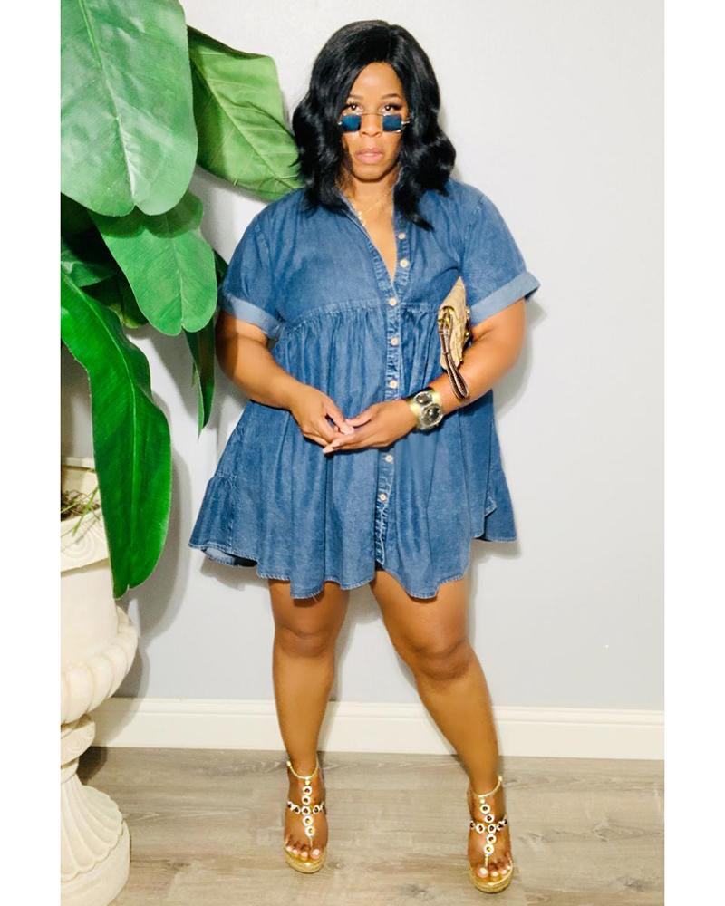 Women's Denim Tiered Button-Down Babydoll Mini Dress