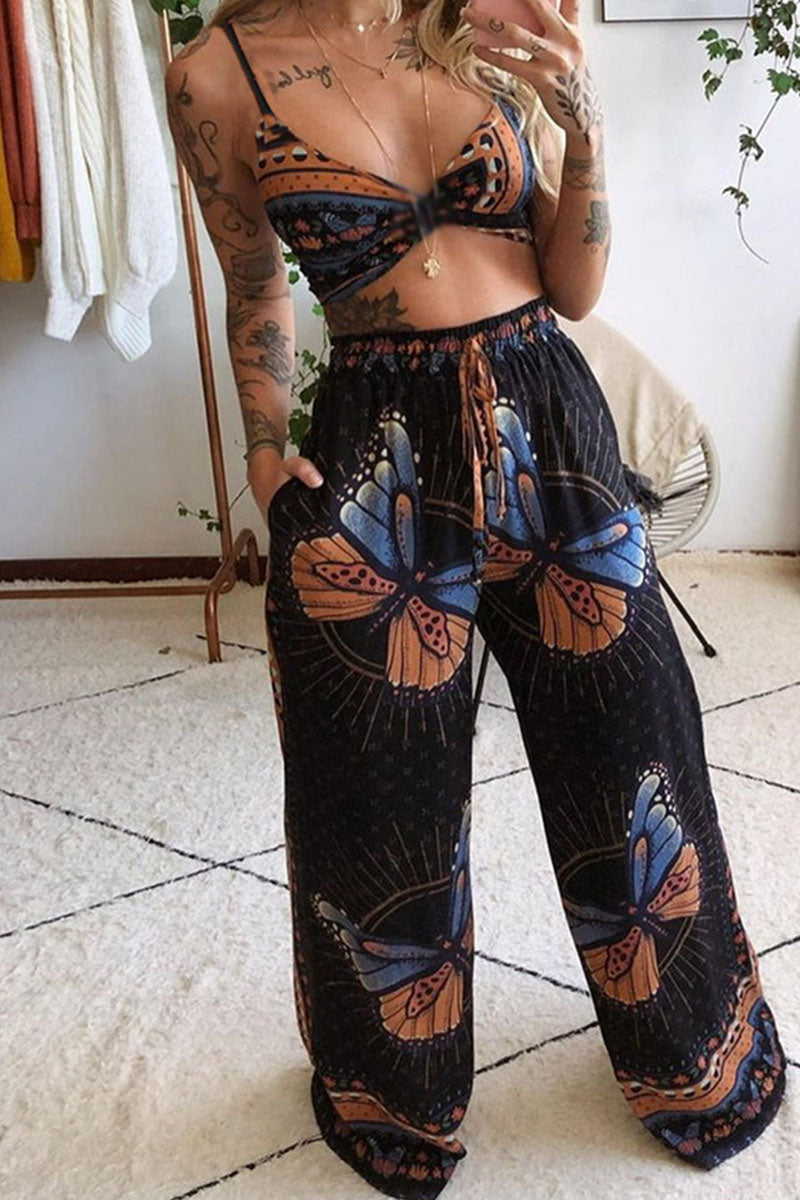 Boho Floral & Butterfly Print Crop Top & Wide-Leg Pants Set